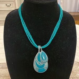 Vintage Silver Tone Seed Beaded Turquoise Teardrop Pendant Statement Necklace